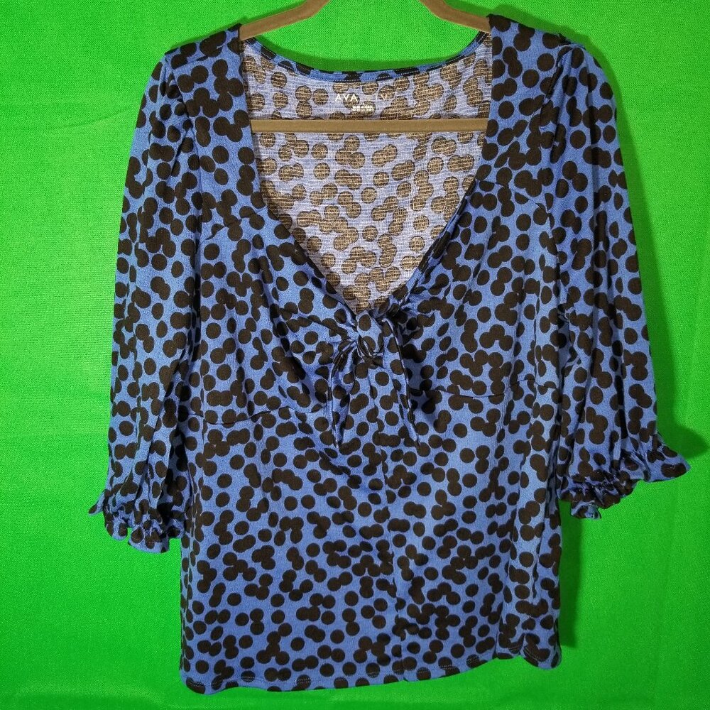 Ava & Viv Women 1X‎ Polka Dot Blouse Blue Black 3/4 Sleeve Top Casual Boho